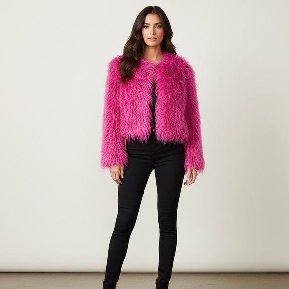 Ailubaodan Hot Pink Faux Fur Jacket Fuchsia - Picture 2 of 7